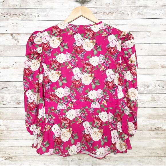 Valencia & Vine Floral Wrap Blouse Pink Puff Sleeve Preppy Twee Romantic Size M - Picture 2 of 12